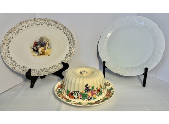 3 Vintage Platters Lot- Imperial Milk Glass, 22kt Gold Trim Turkey Platter, Sebring Pottery Covered Dish