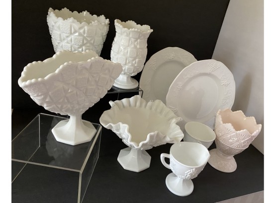 Milk Glass Lot 3 - 2 Grape Pattern Plates -2 Cups, Ruffled Footed Bowl, Fan Vase, 2 Vases, Pink Bowl