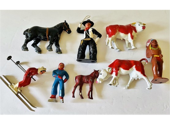 Assorted Cast Iron Miniature Figure Toys Lot Of 8 - Cowboy, Animals, Chief, Skier, Skater