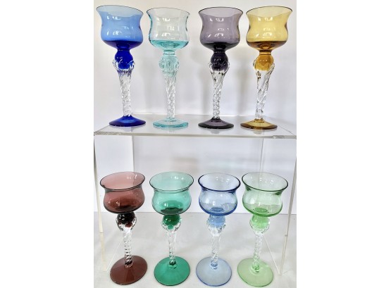 4 Vintage Multi Colored twisted clear stem Wine glasses, Vintage Multi  Colored 6 oz Dessert Wine - After Dinner Drink Glasses