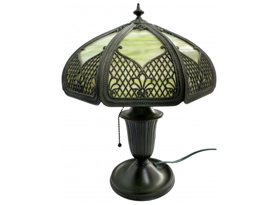 Signed MILLER Antique Art Nouveau 8 Panel  Bent Slag Glass Metal Overlay Lamp ( See Description)