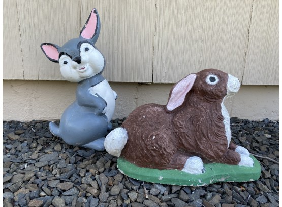 1950 Era Original Cement Lot Of 2 Garden Rabbits - Larger Rabbit 16 In. X 11 In. H - Other Measures 17 In.H