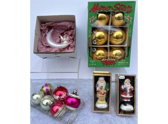 Assorted Christmas Ornaments: Box Of USA Made 6 Loose Made In USA Glass Ornaments, Others ( See Description)