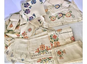 Large Assorted Embroidered Linen Lot- Dresser Scarf, Napkins, Placemats, Tablecloths, Etc.