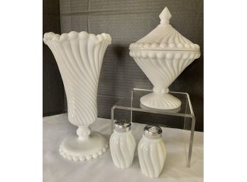 Flared Vase SWIRL AND BALL Pattern Milk Glass By WESTMORELAND, Footed Candy Dish And Salt And Pepper Shakers