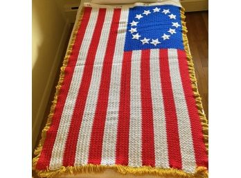 60 In. X 38 In. Amazing Hand Crochet American Flag 1776-1976 Initialed