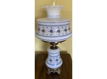 Blue Floral Milk Glass Parlor Lamp 27 In. H X 12' W Base Tested And Working