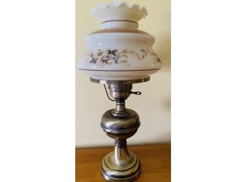 Floral Milk Glass And Brass Parlor Lamp 22 In. Height - Tested And Working
