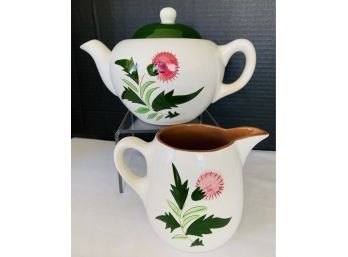 Vintage Stangl Pink THISTLE Teapot With Green Lid And Water Pitcher (see Description)