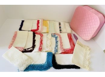20 Hand Crochet Trimmed Hankies Assorted Colors  Pink Quilted Storage Box