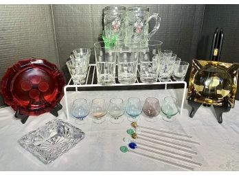 MCM Barware, Ashtrays- Colored Mini Brandy Snifters, 7 Glass Cocktail Stirrers-spoons, Beck's Beer Mugs