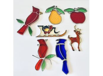 Seven Vintage Stained Glass Sunlight Catchers - Cardinals, Fruit, Christmas