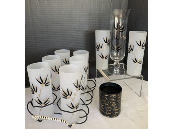 Mid Century Drink Caddy W/ 8 Amazing Frosted Iced Tea Tom Collins Glasses Matching Vase And Coasters