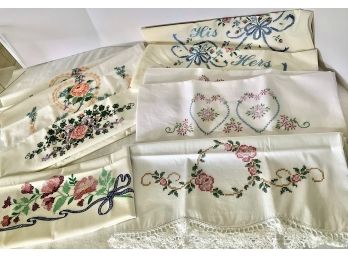 5 Pairs Of Vintage Embroidered Pillow Cases Plus One Single Pillow Case- Gorgeous!