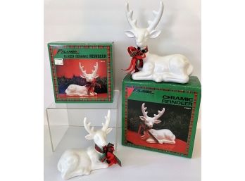 Flamr Ceramic White Reindeer Set Of 2 Original Boxes 5 In. X 6 In. And 7 In. X 8 In. Dated 1989