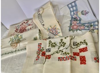 Vintage Embroidered Larger Tablecloth Lot- 4 Embroidered, 1 Screen Printed