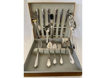 29 Piece Art Deco Design Service For 6 N.S. Company Stainless Steel Flatware Set In Original Suede Cloth Case