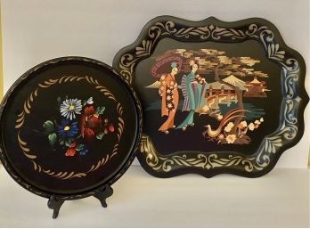 Two Tole Trays - Round 11' Floral Design  19 In. X 15 In. Asian Geisha Pagoda Scene Tray