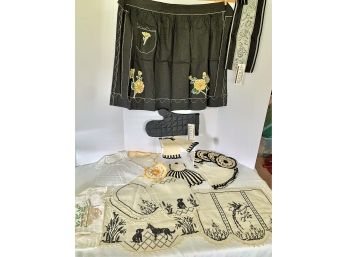 New CALPHALON Mitt And Towels With Tags, Vintage Half Apron, Embroidered Items- Fancy Potholders