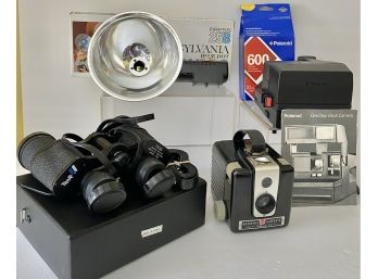 Cameras And Traq Binoculars With Case : Brownie Hawkeye Flash Model, Polaroid 600 Untested Cameras