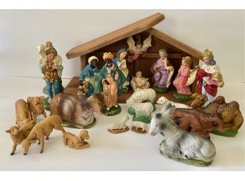 Christmas Creche Nativity Scene Wood Manger Chalk Ware Figures  5 Italy Stamped Sheep ( Read Description)