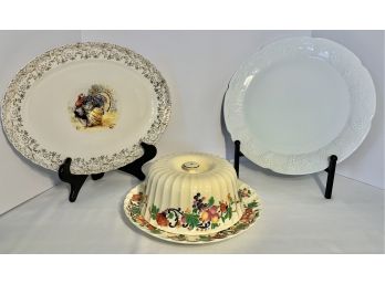 3 Vintage Platters Lot- Imperial Milk Glass, 22kt Gold Trim Turkey Platter, Sebring Pottery Covered Dish