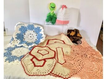 9' Turtle Crocheted Lot- Hat, Booties, Chair Pads, Red Set, Pink Set