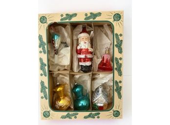 Vintage Shiny Bright West Germany Box Of Ornaments Including 5 In. Santa ( See Description)