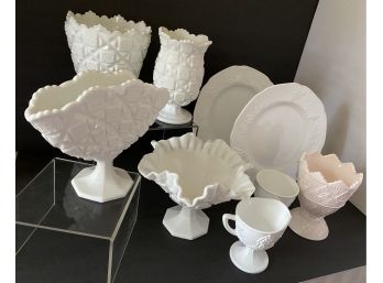 Milk Glass Lot 3 - 2 Grape Pattern Plates -2 Cups, Ruffled Footed Bowl, Fan Vase, 2 Vases, Pink Bowl