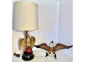 GOLDEN EAGLE With TALONS ON RED BALL, STAR DECORATED BASE HEAVY TABLE LAMP Old Century Forge  24-3/8' Eagle