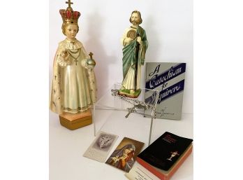 Religious Items: Infant Of Prague And St. Jude Chalk Ware Statues  1948 Mass Prayer Book, Sterling Rosary