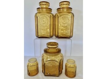 Vintage 8 Pc Retro Wheaton NJ Sunflower Design Gold Glass Canisters With Lids Plus Salt And Pepper Shakers