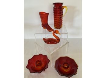 Five Pc Amberina Glass Lot- Moser Victorian Shoe,  Fenton Candle Holders, Fenton Block Pattern Pitcher, Duck