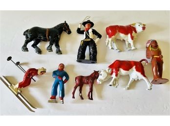 Assorted Cast Iron Miniature Figure Toys Lot Of 8 - Cowboy, Animals, Chief, Skier, Skater