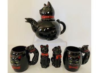 Vintage EX Shafford Redware Japan Black Cat Unique Teapot, 2 Mugs With Cat Handles, Salt And Pepper Shakers