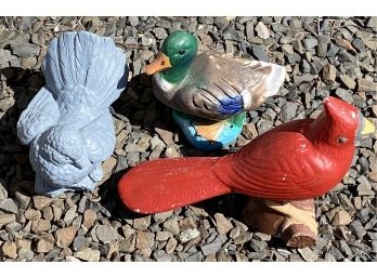 3  Smaller Cement Garden Decorative Figures: Cardinal, Pigeon,  Mallard Duck