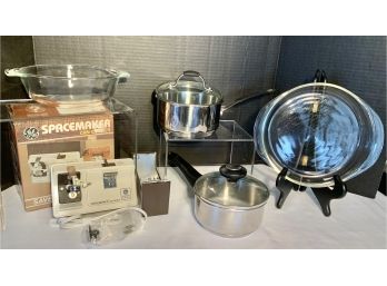 7 Pc. Vintage Kitchen Lot: GE Spacemaker NEW, 2 1-qt. Saucepans With Lids, Pyrex 221, Anchor Hocking 1 Qt