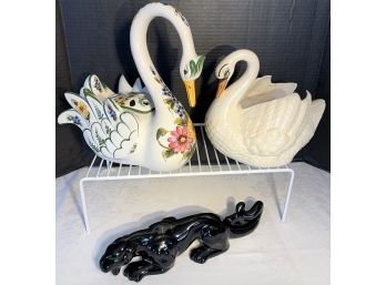 2 Large Ceramic Swans, 1 Ceramic Black Panther