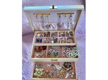 Kellerman Jewelry Box And Contents: Costume Jewelry, Sterling Silver Charm Bracelet, Miscellaneous Pieces