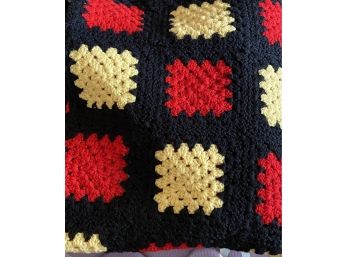 Vintage Black, Yellow, Red 78 In. X 74 In. Hand Crochet Granny Square Afghan, Throw, Blanket