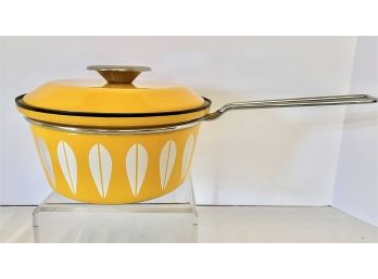 MCM Vintage Cathrineholm Norway Early 2 Quart Saucepan With Lid SUNFLOWER YELLOW And Color Brochure