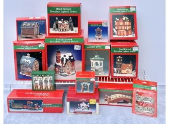 Early To Mid 1970 Era Ceramic Lighted Houses Large Lot  Ceramic Train And 2 NOS Accessories Pack