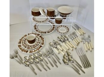 Lot Of Mediterrania Expresso Brown By Mikasa, Coordinated Heritage By Mikasa Plates , Plus Flatware
