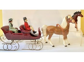 Ceramic Horse Drawn Sleigh, 2 Seated Figurines  Additional Horse No Markings Read Description)