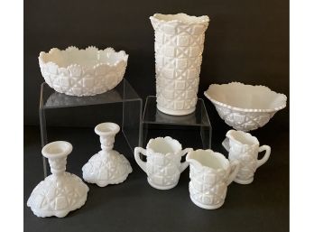 Milk Glass Lot 1 - Footed Compote, Tall Vase, Bowl, Sugar Bowl-2 Creamers, Candlestick Holders Quilt Pattern