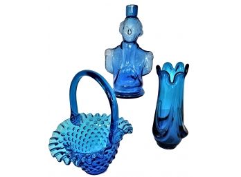 Lot Of 3 Blue Glass Decorative Items Including Fenton Blue Hobnail Basket (see Description)