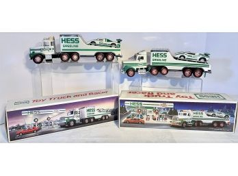 1988 And 1991 Hess Toy Trucks With Racers  Original Boxes (new Used For Display Only)