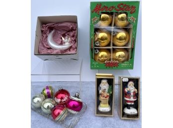 Assorted Christmas Ornaments: Box Of USA Made 6 Loose Made In USA Glass Ornaments, Others ( See Description)