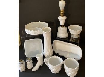 Milk Glass Lot 2 - Working Lamp, Divided Bowl, S & P, Ladies Boot, Sugar -Creamer, Assorted Bowls-plates