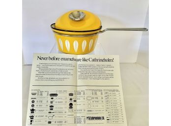 MCM Vintage Cathrineholm Norway Early 1-1/2 Quart Saucepan With Lid SUNFLOWER YELLOW With Pamphlet